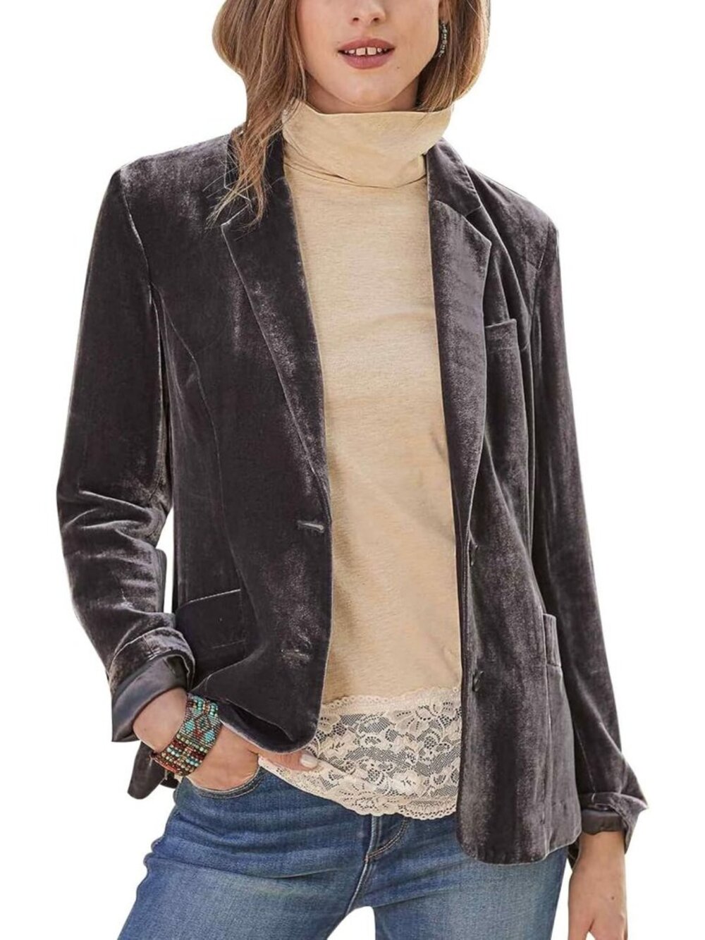 Chic Women's Velvet Blazer Jacket - Casual Lapel, Long Sleeve, Stylish Coat